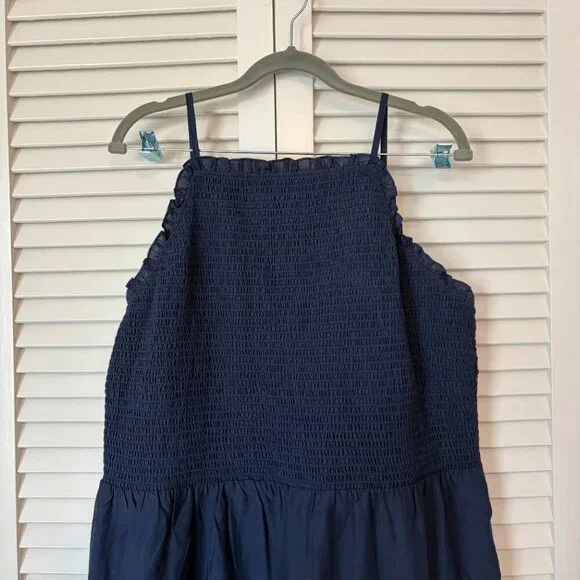 Ann Taylor Smocked Scalloped Tiered Maxi Dress XL navy blue white ruffle - Picture 4 of 10